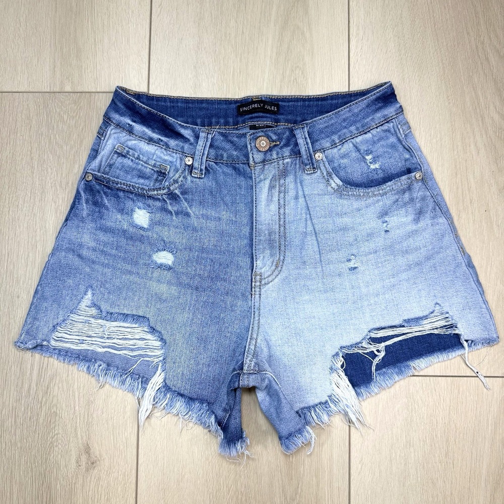 Sincerely Jules Distressed Denim Shorts Women 26 High Rise Raw Hem Two Tone Blue